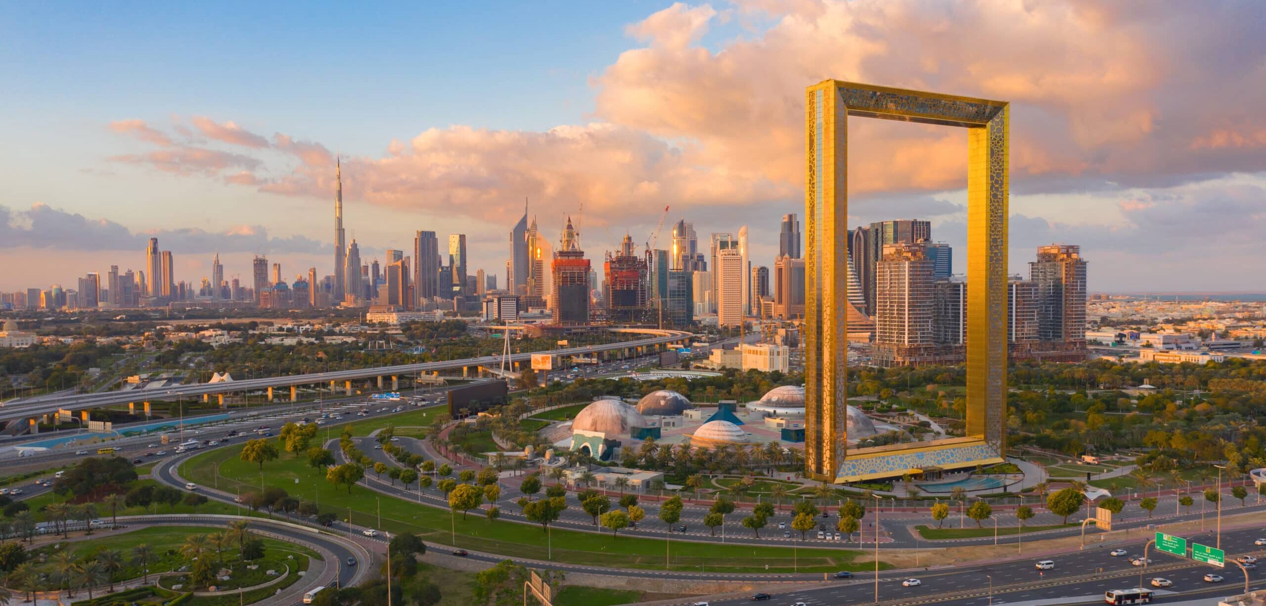 Aerial view of Dubai Frame and Downtown skyline, United Arab Emirates